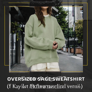 Sweat-shirt long surdimensionné à col rond pour femme, vert sauge, en molleton de coton, à épaules tombantes, uni, respirant, idéal pour l'été - Product Image 2
