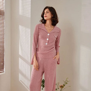 Custom Winter V Neck Knitted <b>Top</b> Pants Elegant Wool Long Sleeved Sweater Trousers Suit 2 Piece Sets for Women - Product Image 3