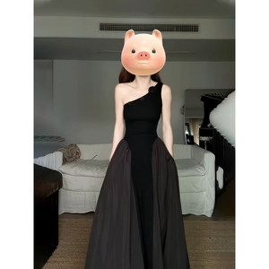 Korean Style Asymmetrical Neckline Pleated Long Dress Black Fitted Waist Evening Dress For Tourism Leisure Beach Daily Dating - Product Image 2