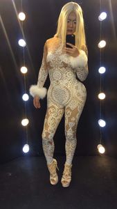 Sexy Long Sleeves White <strong>Lace</strong> Crystal Show Dancer One Piece Bodysuit Women <strong>Rompers</strong> Female Birthday Party Club Rhinestone Jumpsuit - Product Image 4