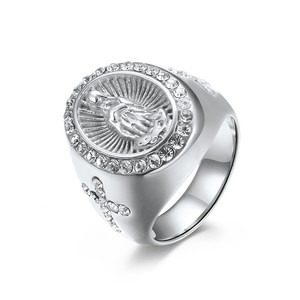 Anillo de acero inoxidable con incrustaciones de diamantes y cruz de la Virgen María, estilo único, chapado en oro, diseño exclusivo, asequible. - Product Image 5