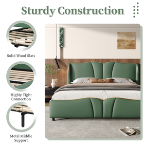 Cadre de lit réglable en cuir PU taille Queen OE HOME avec tête de lit à volants, design moderne, cadre en bois écologique - Product Image 5