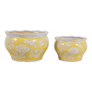 Vasi Rotondi in Ceramica con Design Floreale per Piante da Interno ed Esterno, Set di Due Vasi Decorativi Gialli e Bianchi - Product Image 1