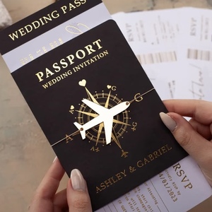 Carte d'invitation de mariage passeport en papier fantaisie, impression offset, dorure à chaud, breloque avion, design carte du monde pour thème voyage - Product Image 3