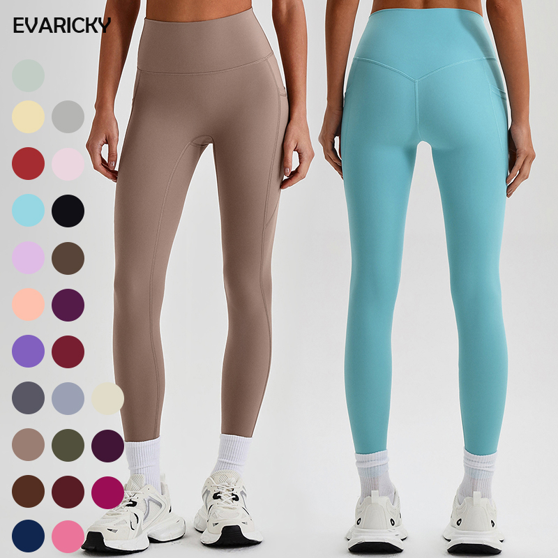 EVARICKY Women's High Waist Sports Leggings Gym Fitness Yoga Pants Tummy Control Side Pocket Solid Pattern Elastic Waist Legging
