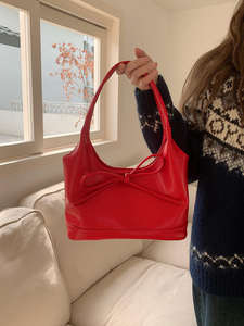New retro bow <b>handbag</b> shoulder bag <b>red</b> women's autumn and winter large capacity bucket bag - Product Image 3