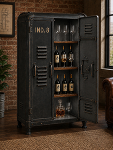Vintage Industrial Metal Liquor Cabinet <b>with</b> Double Doors Wooden Shelves Wine Bottle and Glass <b>Storage</b> for Home <b>Bar</b> Lounge Decor - Product Image 1