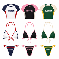 Maillot de bain string brodé de luxe pour femme, color block, fait main au crochet avec breloques perlées, ensemble 3 pièces