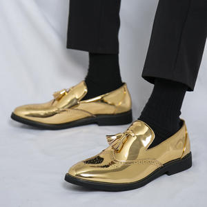 Zapatos Derby Dorados con Suela Suave para Hombre |   Zapatos Brogue de Cuero Genuino con Punta Redonda Tallada, Estilo Británico, Reflectantes - Product Image 2