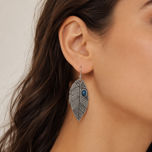 Orecchini pendenti vintage bohémien a forma di foglia, stile retrò con gemma blu, gioielli alla moda per donna, regalo per feste - Product Image 3