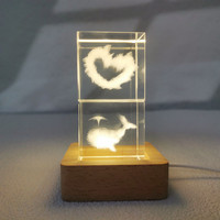 Lumineux 3d sculpté cristal carré veilleuse base en bois massif décoration artistique ensemble personnaliser lune cristal carré lumière led