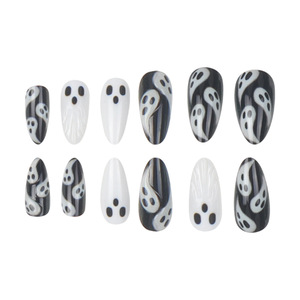 24 faux ongles en amande moyenne à presser, motif fantôme d'Halloween, noir et blanc, visage de fantôme effrayant, pour fête costumée d'Halloween - Product Image 2