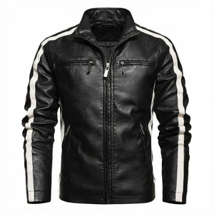 Veste en cuir PU pour homme, style motard, zippée, col montant, bandes latérales, vêtement d'extérieur hiver - Product Image 1