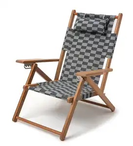 Custom Patterned Oxford Cloth Wooden Bottle Green Check Beach Folding Portable Lounge Chairs With Pillow