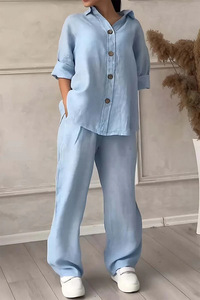 Ensemble 2 pièces pour femmes d'été, <span class=keywords><strong>grande</strong></span> <span class=keywords><strong>taille</strong></span>, chemise en coton et lin, pantalon ample <span class=keywords><strong>taille</strong></span> haute - Product Image 6