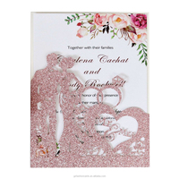 Carte d'invitation en papier pailleté avec portrait au laser or rose, cartes en forme de cœur et cartes de vœux personnalisées avec poche pailletée Mr et Mme