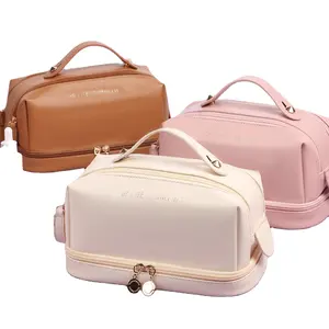 Fermuar ile büyük taşınabilir makyaj çantası sevimli bayan tarzı suni deri seyahat kozmetik torbası PU kılıf