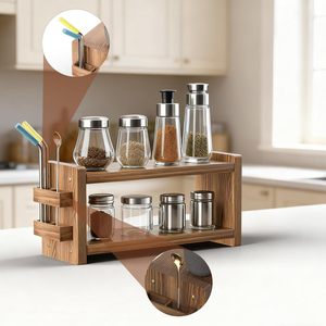 Solid Wood <b>Kitchen</b> Countertop Storage <b>Rack</b> With Cup Holder And Utensil Organizer For Bar Counter Use - Product Image 3