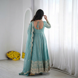 <b>Teal</b> Embroidered Silk Anarkali <b>Suit</b> With Dupatta Traditional Indian Pakistani <b>Women's</b> Floor-Length Wedding Dress Loose Fit - Product Image 6