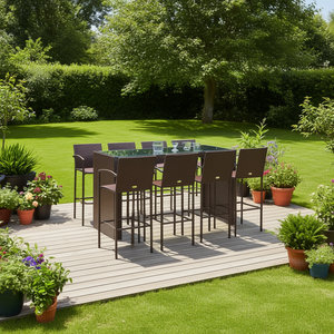 Set Bar da Giardino Marrone in Rattan PE con Struttura in Acciaio e Vetro Temperato, Arredamento da Esterno 8 Posti, Design Contemporaneo - Product Image 2