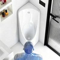 Urinoir d'angle blanc sur pied en céramique avec capteur et chasse à commande manuelle pour toilettes publiques compactes, équipement sanitaire