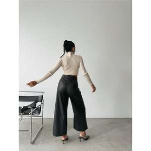 Leather Wide Leg Pants High Waist <b>Black</b> Pu <b>Fabric</b> Women's Trousers - Product Image 1