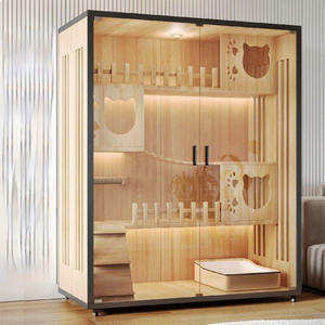 Vente en gros de villa pour chat en bois massif, grande enclos interactive pour chat avec porte en verre trempé - Product Image 1