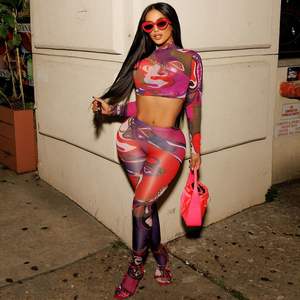 Ensemble deux pièces sexy personnalisé 2026 pour femme, haut court à manches longues en maille imprimée, pantalon moulant, tenue de club, col montant, translucide - Product Image 2