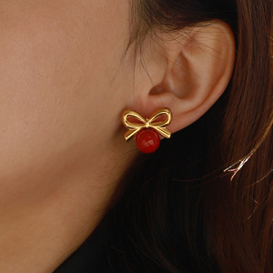 Stud <b>Earrings</b> Bowknot <b>Red</b> Glass Gold Plated Stainless Steel Fashion Jewelry - Product Image 4