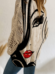 Suéter de punto con estampado de labios rojos estilo Pop Art para <span class=keywords><strong>mujer</strong></span>, top de verano oversize de malla Pointelle, jersey artístico narrativo de poliéster - Product Image 3