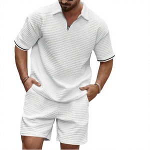 Men's <b>Waffle</b> Polo <b>Shirt</b> and Shorts Set Breathable Knitted Summer Casual Sports Outfit - Product Image 4