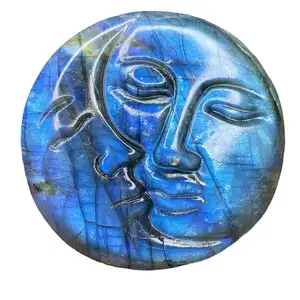 도매 자연 강한 플래시 블루 라이트 래브라도라이트 조각 부처님의 손 + 30 크리스탈 조각 태양과 달