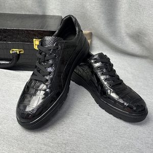 Zapatos de vestir con cordones para hombre, 100% cuero de cocodrilo, color negro, con forro de cuero genuino y suela antideslizante y resistente al desgaste. - Product Image 1