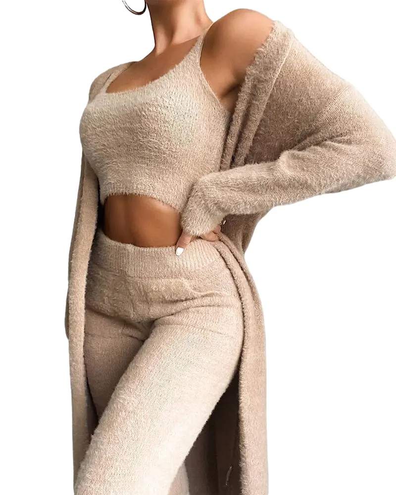 Set Celana Musim Gugur Wanita, Piyama Sweater untuk Wanita Set Pakaian Santai Nyaman Bulu Halus dengan Jubah 3 Potong