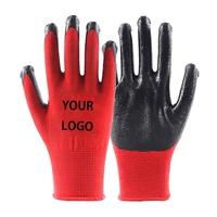 Prix de gros, 13 jauges, industrie de la construction, protection des mains, gants de travail de sécurité en polyester rouge et noir
