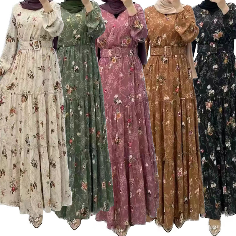 Venta al por mayor de Oriente Medio vestido estampado túnica islámica señoras largo Floral Maxi vestido Dubai Abaya mujeres vestido musulmán