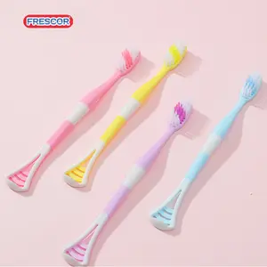 Spazzolini da denti morbidi multifunzionali in plastica con spazzolino da denti con raschietto per lingua a doppia estremità