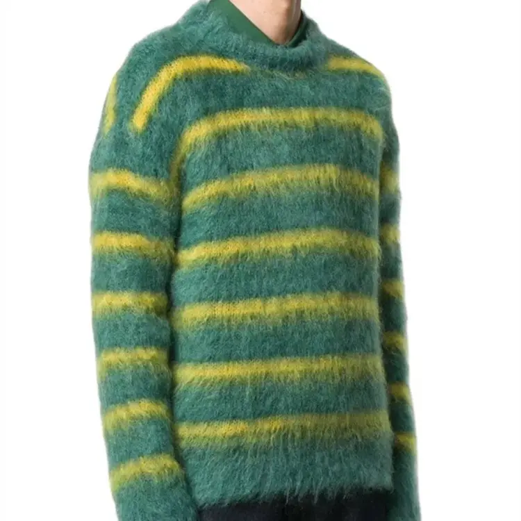 OEM Knitwear Factory Custom Crew Neck Pullover Cotton Mohair Sweater Knitted Pull Over Striped Mohair Sweater Men