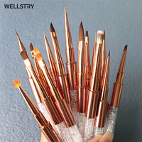 Kit de manucure professionnel 15 pièces en nylon pour ongles, avec stylo à gel pour peinture, dessin de rayures, fleurs et motifs français, manche or rose, pour vernis gel.