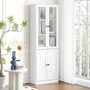 Bibliothèque en bois <span class=keywords><strong>blanche</strong></span> à 5 étagères, armoire de rangement, bibliothèque avec portes en verre, design rustique à panneaux en X - Product Image 1