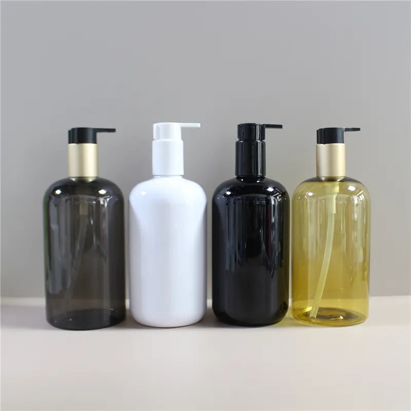 Boston Round soap dispenser hair shampoo bottle 300 ml PCR plastic 10oz amber bathroom lotion cosmetic bottle gold pump