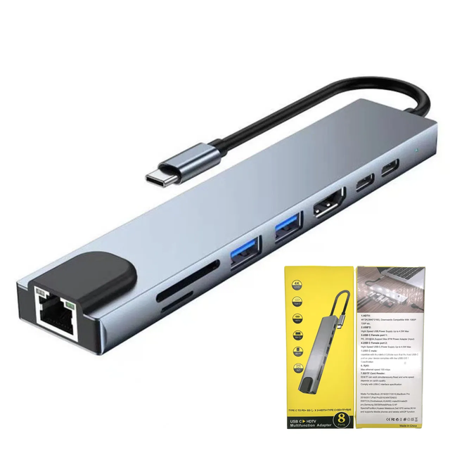 Type-c Docking Station 8 in 1 to 4K HDTV TF SD Card Reader USB 3.0 RJ45 PD 100W Charging Multi-port Usb C Hub