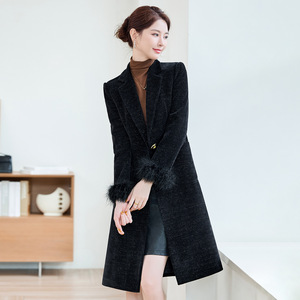 Women's Wool Trench Coat Black Long Slim Fit Warm Thickened Corduroy Coat With Pocket - Product Image 4