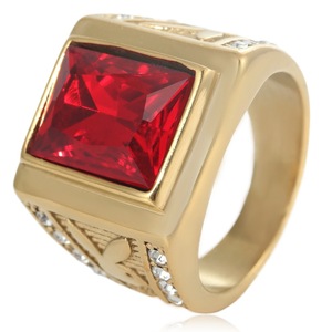 yunnique Men's Gold Square Red Stone <b>Ring</b> Geometric Design <b>Titanium</b> Steel Punk Style Jewelry Gift - Product Image 1