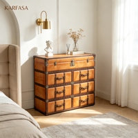Armoire latérale de style rétro américain en cuir de vachette de luxe d'inspiration américaine, personnalisable, avec 5 tiroirs et compartiments