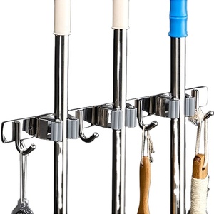 Suporte de vassoura para banheiro, adesivo, organizador para parede, 3 racas, 4 ganchos de toalha - Product Image 1