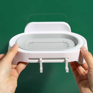 Soap <b>Dish</b> Holder Wall Mount Plastic Drain <b>Rack</b> Pink Minimalist Design Bathroom Soap Tray With Hooks For Storage - Product Image 3