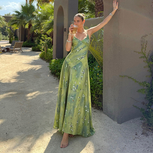 Vestido Maxi de Verano para Mujer, Estampado Floral Verde, Transpirable, Estilo Informal para Playa, Fiesta o Vacaciones, Corte en A, Sin Mangas, Espalda Descubierta - Product Image 5