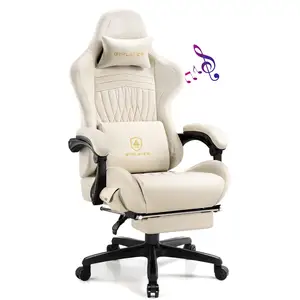 Alinunu computer racing PU leather Chair with Bluetooth speakers and linkage armrest footrest office Computer desk chair Ivory