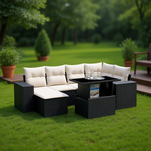 Conjunto de Sofá de Jardín con Reposabrazos Ajustables en Ratán Sintético Negro, Muebles de Exterior de 6 Plazas, Diseño Contemporáneo - Product Image 2